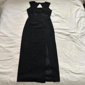 Vintage Carole Little Black maxi dress beaded detailing cut out high back detail